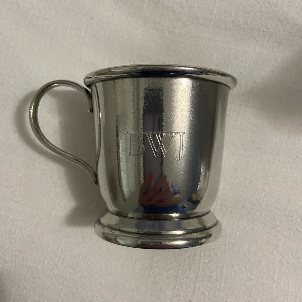 Restoration Hardware Pewter Baby Cup engraved “BWJ”